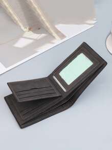 撞色小PU皮革皮夾金屬裝飾信用卡小錢包身份窗戶雙折男士皮夾爸爸禮物 - 黑色 - 查看 2