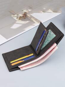 撞色小PU皮革皮夾金屬裝飾信用卡小錢包身份窗戶雙折男士皮夾爸爸禮物 - 黑色 - 查看 5