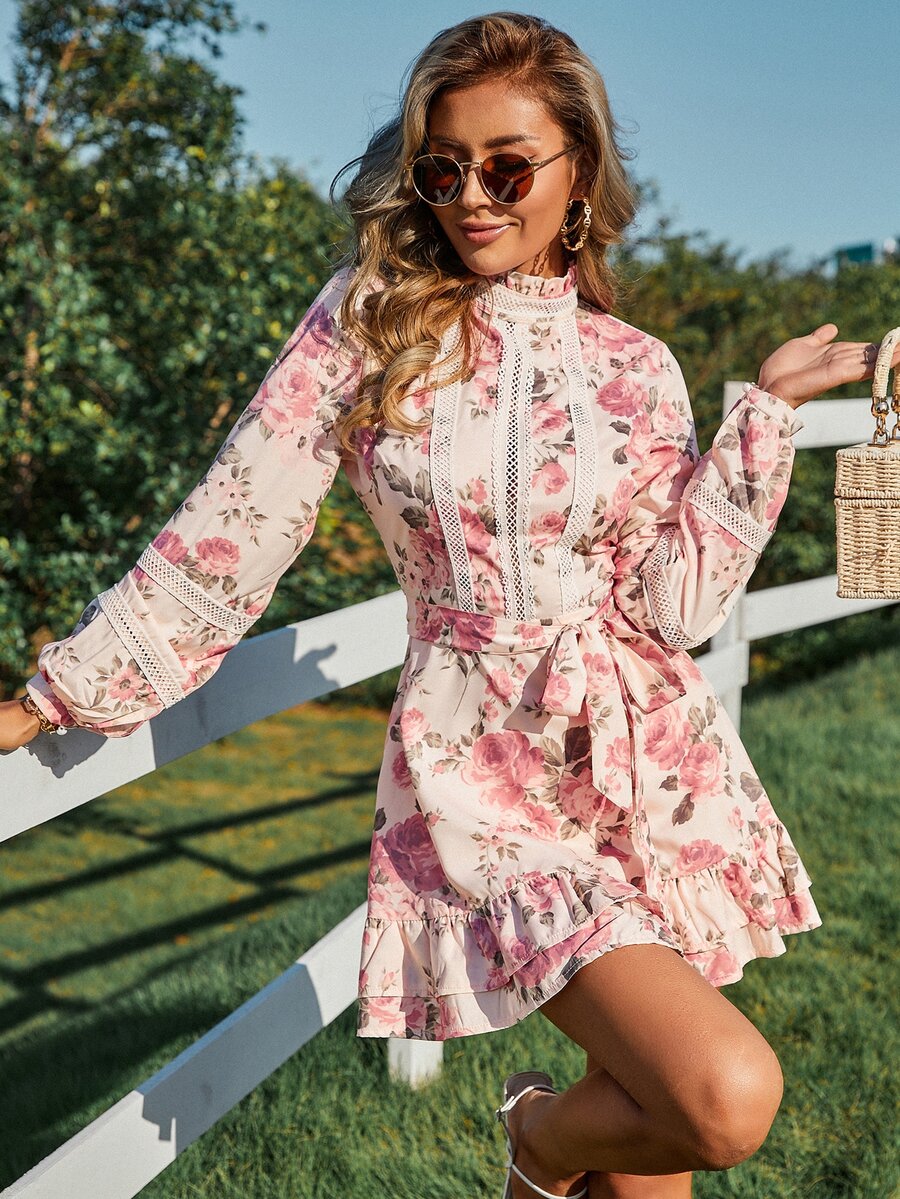 Eilly Bazar Floral Print Guipure Lace Insert Ruffle Hem Belted Dress - Pink - View 1