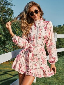Eilly Bazar Floral Print Guipure Lace Insert Ruffle Hem Belted Dress - Pink - View 5