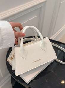 時尚、極簡、休閒、小方包鱷魚皮紋理字母圖案雙手柄適用於女孩、十幾歲的少女