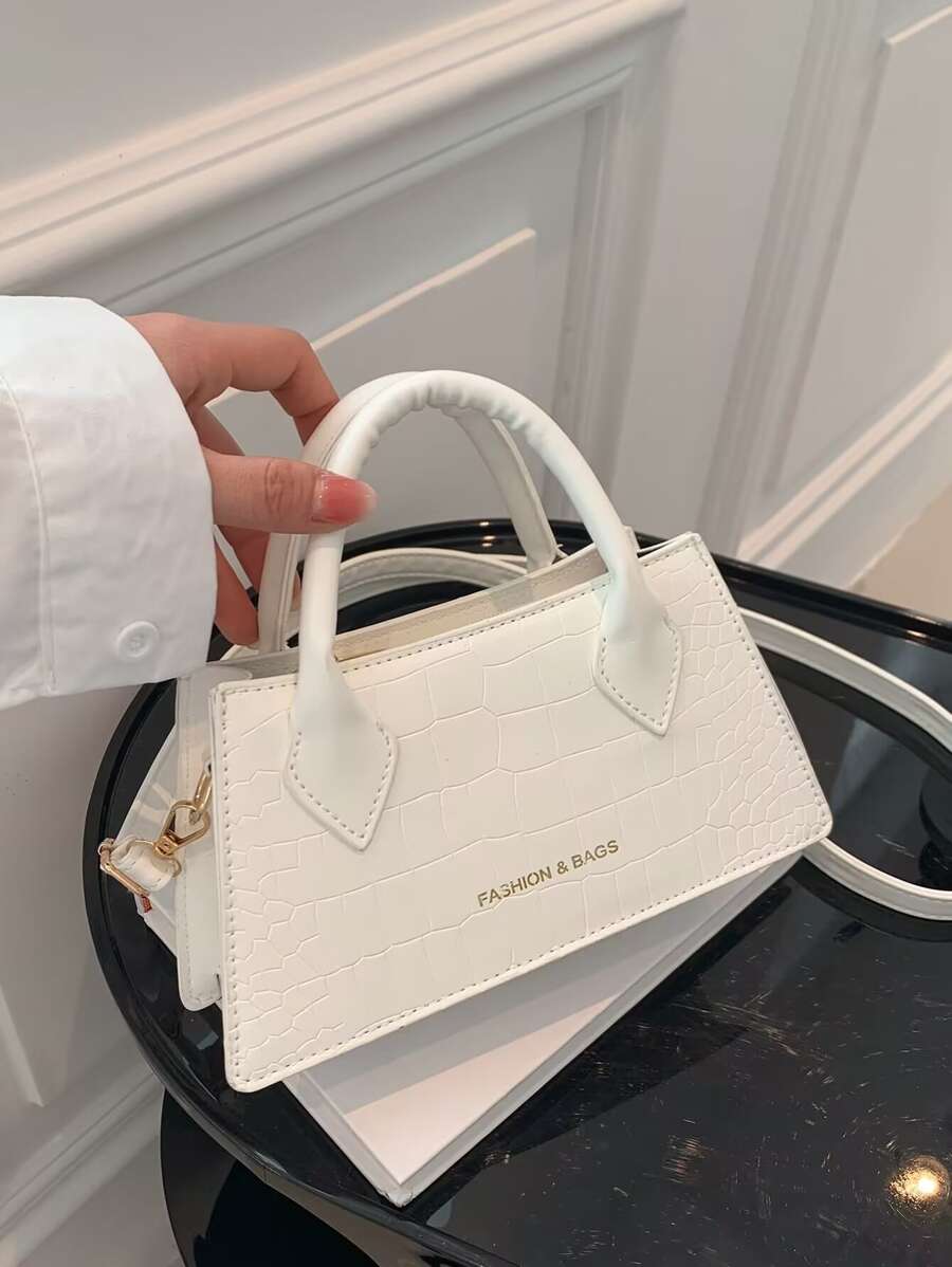 時尚、極簡、休閒、小方包鱷魚皮紋理字母圖案雙手柄適用於女孩、十幾歲的少女