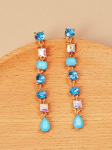 1對時尚水晶方形幾何設計流蘇耳環,適用於日常穿戴 - 水鴨藍 - 查看 3