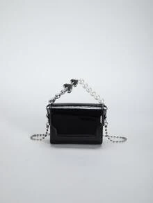 Girls Black Square Bag Flap Faux Pearl & Heart Decor Chain PU - Black - View 1