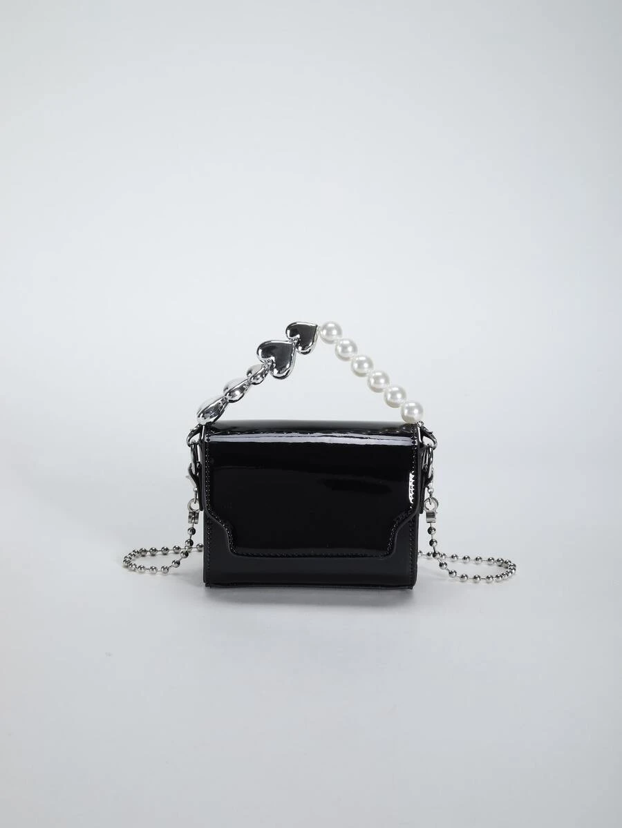 Girls Black Square Bag Flap Faux Pearl & Heart Decor Chain PU - Black - View 1