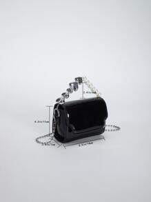 Girls Black Square Bag Flap Faux Pearl & Heart Decor Chain PU - Black - View 3