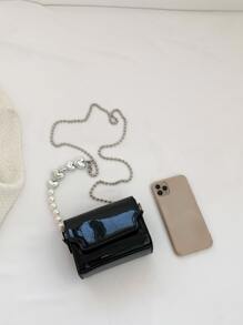 Girls Black Square Bag Flap Faux Pearl & Heart Decor Chain PU - Black - View 5