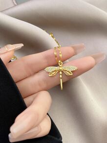 1pc Rhinestone Dragonfly Decor Chain Necklace, Stainless Steel Jewelry - Yellow Gold - View 1