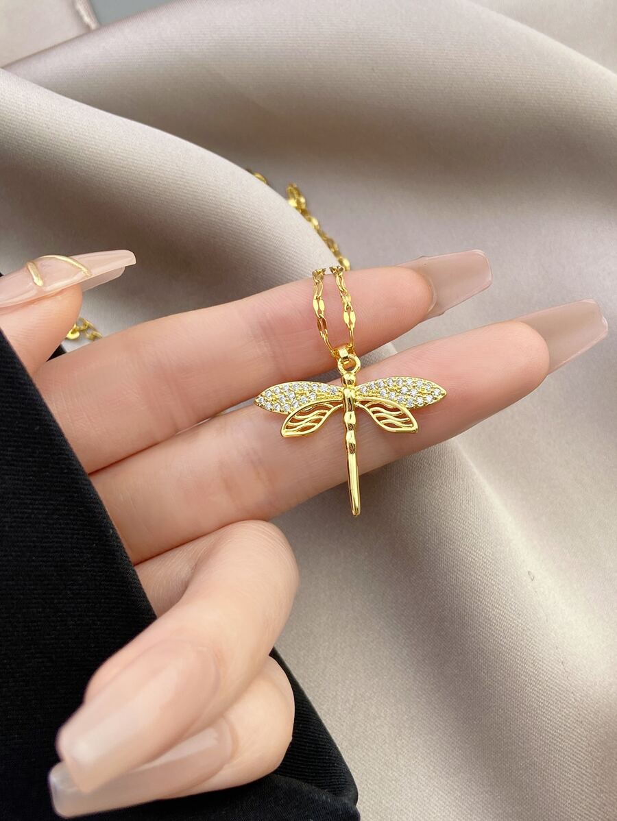 1pc Rhinestone Dragonfly Decor Chain Necklace, Stainless Steel Jewelry - Yellow Gold - View 1
