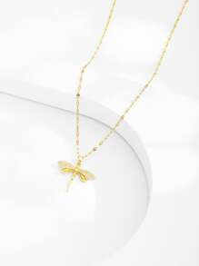 1pc Rhinestone Dragonfly Decor Chain Necklace, Stainless Steel Jewelry - Yellow Gold - View 3