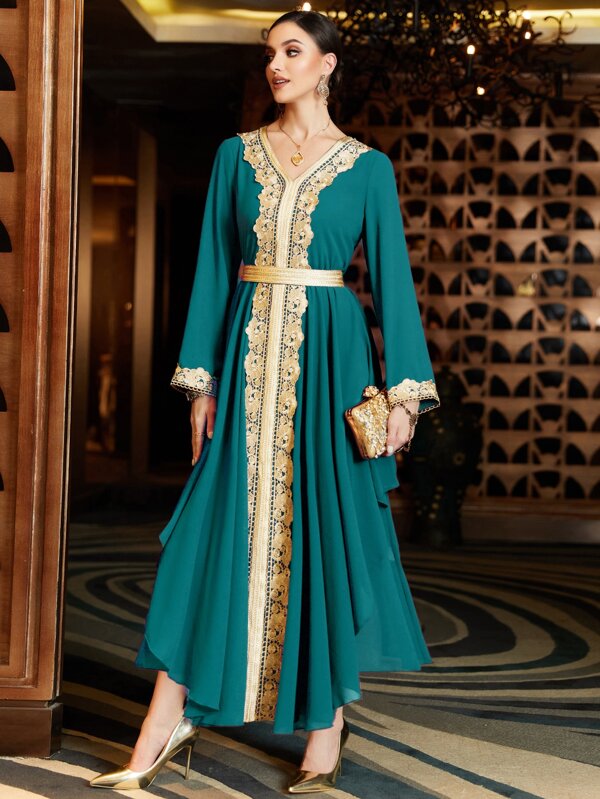 SHEIN Najma Contrast Trimmed Belted Moroccan Kaftan SHEIN USA