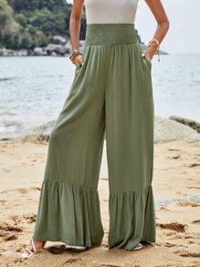 SHEIN VCAY 闊腿荷葉邊長褲 - 軍綠色 - 查看 1