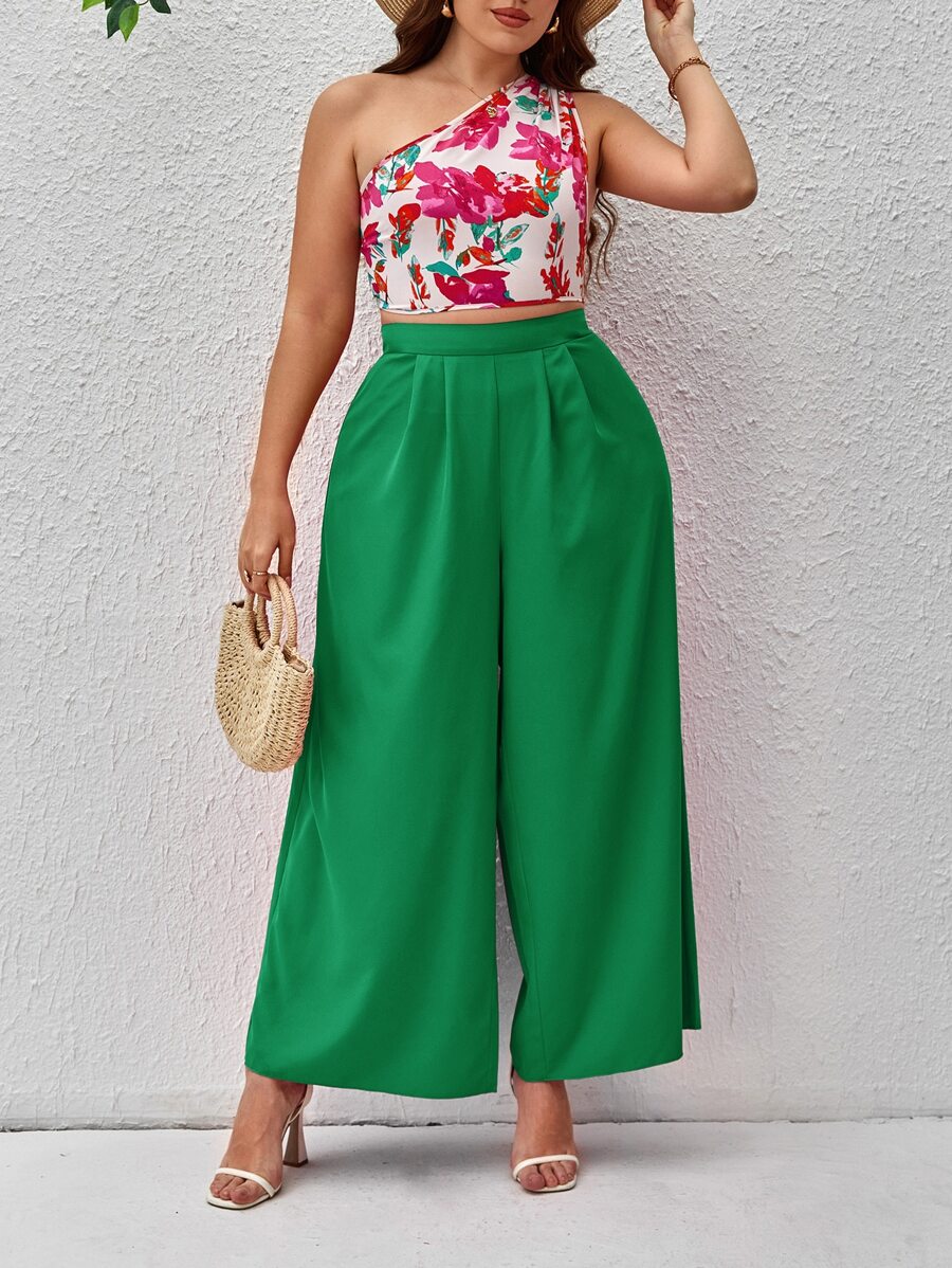 SHEIN VCAY Plus Floral Print One Shoulder Top & Wide Leg Trousers - Green - View 1