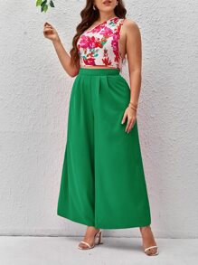 SHEIN VCAY Plus Floral Print One Shoulder Top & Wide Leg Trousers - Green - View 2