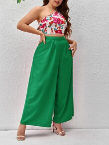 SHEIN VCAY Plus Floral Print One Shoulder Top & Wide Leg Trousers - Green - View 3