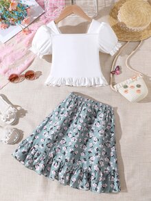 女孩前收褶泡泡袖上衣和印花荷葉邊半身裙