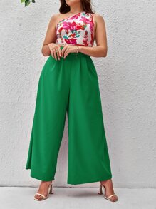 SHEIN VCAY Plus Floral Print One Shoulder Top & Wide Leg Trousers - Green - View 6