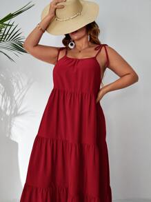 SHEIN VCAY Plus Tie Shoulder Ruffle Hem Cami Dress - Burgundy - View 3