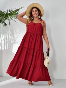 SHEIN VCAY Plus Tie Shoulder Ruffle Hem Cami Dress - Burgundy - View 4