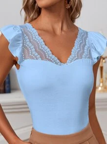 SHEIN Frenchy 蕾絲拼接荷葉邊T恤 - 淺藍色 - 查看 3