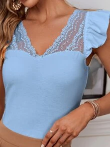 SHEIN Frenchy 蕾絲拼接荷葉邊T恤 - 淺藍色 - 查看 4