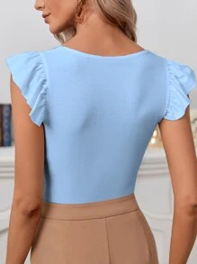 SHEIN Frenchy 蕾絲拼接荷葉邊T恤 - 淺藍色 - 查看 5