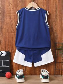 SHEIN Boys Number Print Striped Trim Tank Top & Shorts - Blue and White - View 2