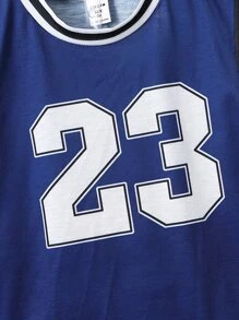 SHEIN Boys Number Print Striped Trim Tank Top & Shorts - Blue and White - View 3