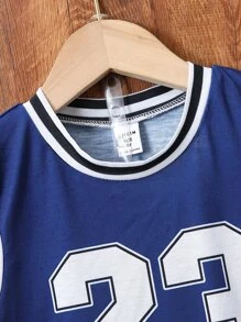 SHEIN Boys Number Print Striped Trim Tank Top & Shorts - Blue and White - View 4