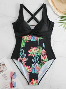 Đồ bơi một mảnh in họa tiết nhiệt đới mùa hè xoắn phía trước nâng ngực - màu đen - Xem 3
