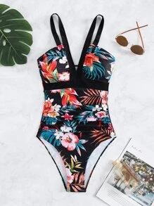 Swim Lushoire Tropical Print Ruched One Piece Swimsuit,Summer Beach - Black - View 3