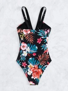 Swim Lushoire Tropical Print Ruched One Piece Swimsuit,Summer Beach - Black - View 4