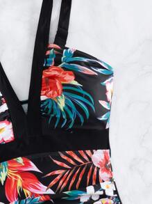 Swim Lushoire Tropical Print Ruched One Piece Swimsuit,Summer Beach - Black - View 7