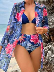 Swim Lushoire Tropical Print Halter Triangle Summer Beach Bikini Set With Kimono - Blue - View 1