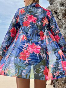 Swim Lushoire Tropical Print Halter Triangle Summer Beach Bikini Set With Kimono - Blue - View 2