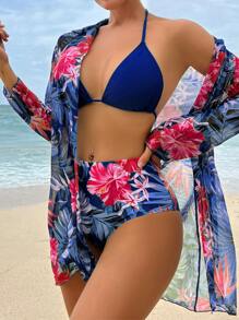 Swim Lushoire Tropical Print Halter Triangle Summer Beach Bikini Set With Kimono - Blue - View 4