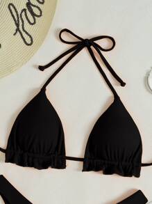 SHEIN Swim Frill Trim Halter Triangle Bikini Set, Summer Beach Bathing Suit - Black - View 3