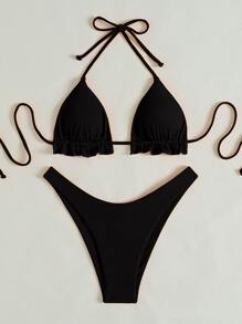 SHEIN Swim Frill Trim Halter Triangle Bikini Set, Summer Beach Bathing Suit - Black - View 6