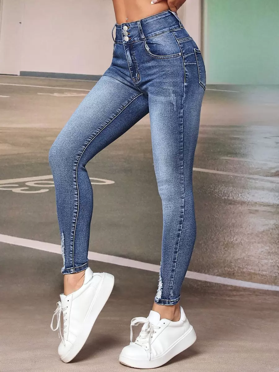 SHEIN PETITE 破洞細節緊身牛仔褲 - 中等水洗藍 - 查看 1