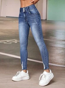 SHEIN PETITE 破洞細節緊身牛仔褲 - 中等水洗藍 - 查看 3