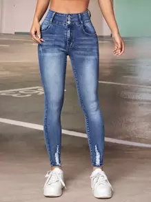 SHEIN PETITE 破洞細節緊身牛仔褲 - 中等水洗藍 - 查看 4