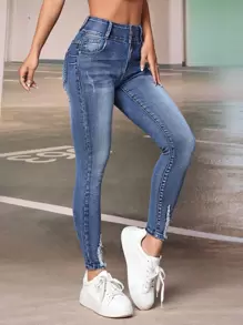 SHEIN PETITE 破洞細節緊身牛仔褲 - 中等水洗藍 - 查看 5