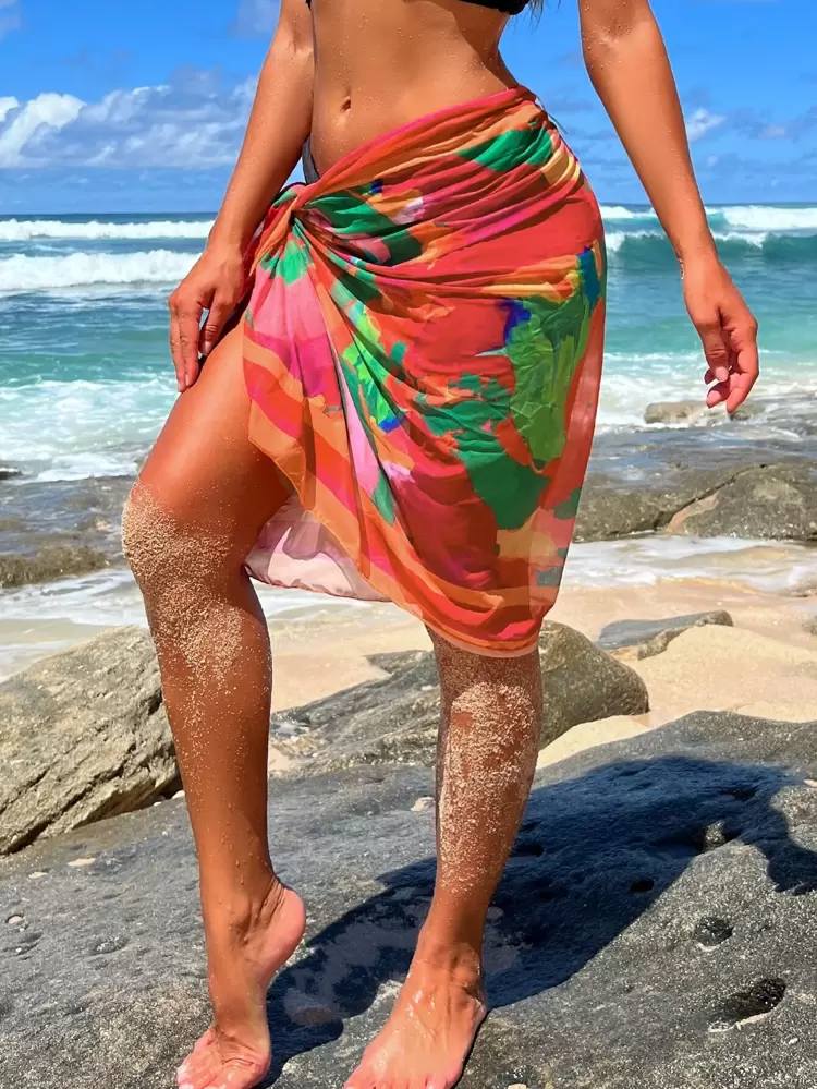 Beach Outfits For Woman Allover Print Knot Side Cover Up Skirt,Summer Beach