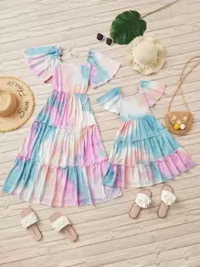 SHEIN Girls 1pc Tie Dye Frill Trim Ruffle Hem Dress - Multicolor - View 6