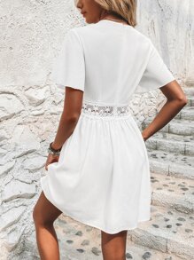 SHEIN Clasi 拼接水溶蕾絲蝴蝶袖連衣裙 - 白色 - 查看 2