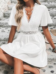 SHEIN Clasi 拼接水溶蕾絲蝴蝶袖連衣裙 - 白色 - 查看 6