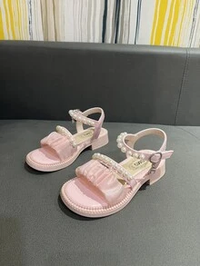 女孩人造珍珠裝飾抽褶細節踝帶時尚戶外織物平底涼鞋