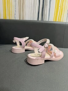 女孩人造珍珠裝飾抽褶細節踝帶時尚戶外織物平底涼鞋