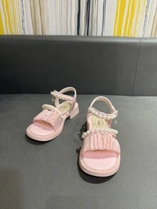 女孩人造珍珠裝飾抽褶細節踝帶時尚戶外織物平底涼鞋