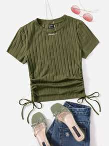 SHEIN EZwear 側抽繩羅紋針織T恤 - 軍綠色 - 查看 1